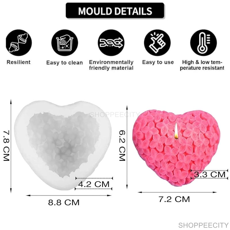 Shoppeecity 3D Heart Silicone Mould with Flower Pattern Shape Candle Making Silicone Molds 3D Rose Bloom Flower Heart Love Silicone Mold for DIY Handmade Chocolate Mousse Dessert Soap Cake Aromatherapy Resin Art Craft Making - Image 3