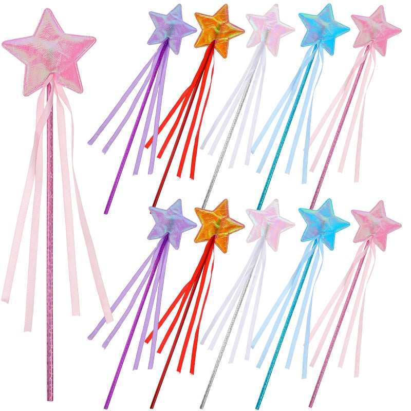 Quilax 10Pcs Star Princess Wand Sparkling Fairy Wands with Ribbon Princess Party Favors Role Play Party Supply Fairy Wands for Gift Birthday Halloween Christmas PartyHulan Pink Red White Purple - Image 3