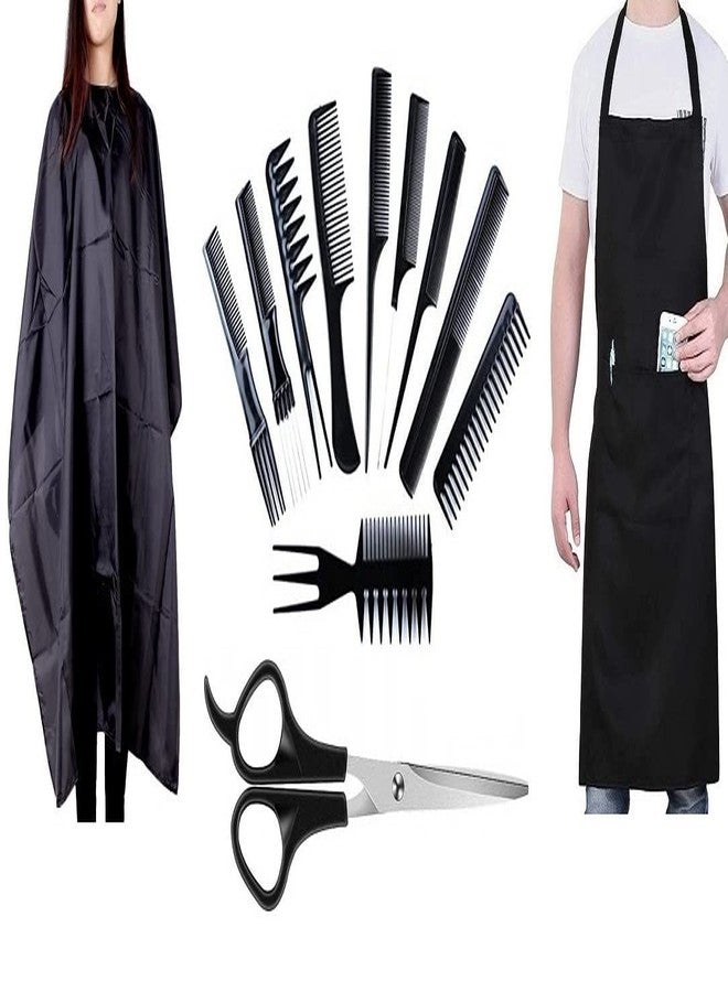 Utkarsh Combo Of Neck Bib Ties With Pocket With Hair Cutting Sheet Black Hairdressing And Professional Hair Styling Combs And Scissors Tools Set - Image 1