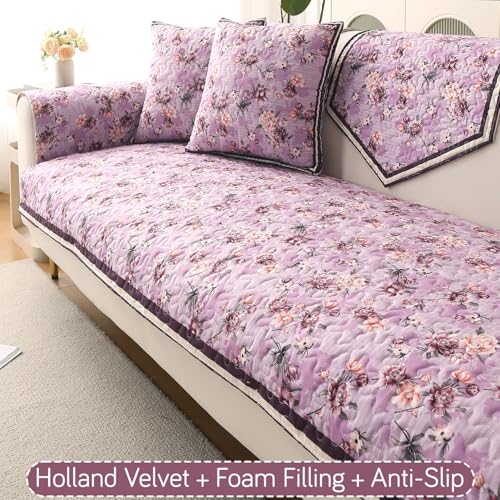 HOKIPO 'Florentina Series' Foam Filled Holland Velvet Complete Sofa Cover Set (Seat+Back+Arm) for 3 Seater Sofa with Anti-Slip Backing, Peony Lavender (IN-881+876 * 2+877 * 3-V6) - Image 3