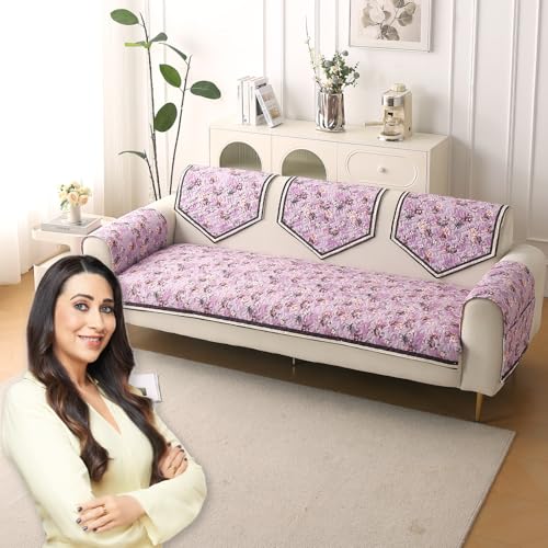 HOKIPO 'Florentina Series' Foam Filled Holland Velvet Complete Sofa Cover Set (Seat+Back+Arm) for 3 Seater Sofa with Anti-Slip Backing, Peony Lavender (IN-881+876 * 2+877 * 3-V6) - Image 1