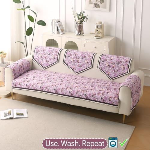 HOKIPO 'Florentina Series' Foam Filled Holland Velvet Complete Sofa Cover Set (Seat+Back+Arm) for 3 Seater Sofa with Anti-Slip Backing, Peony Lavender (IN-881+876 * 2+877 * 3-V6) - Image 4