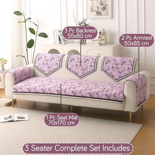 HOKIPO 'Florentina Series' Foam Filled Holland Velvet Complete Sofa Cover Set (Seat+Back+Arm) for 3 Seater Sofa with Anti-Slip Backing, Peony Lavender (IN-881+876 * 2+877 * 3-V6) - Image 2