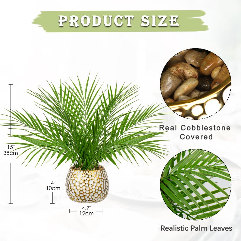 Briful Fake Plants 15'' Faux Palm Plant in Gold-White Pot Realistic Artificial Plants Indoor for Home Farmhouse Centrepieces Wedding Decorations - Image 2