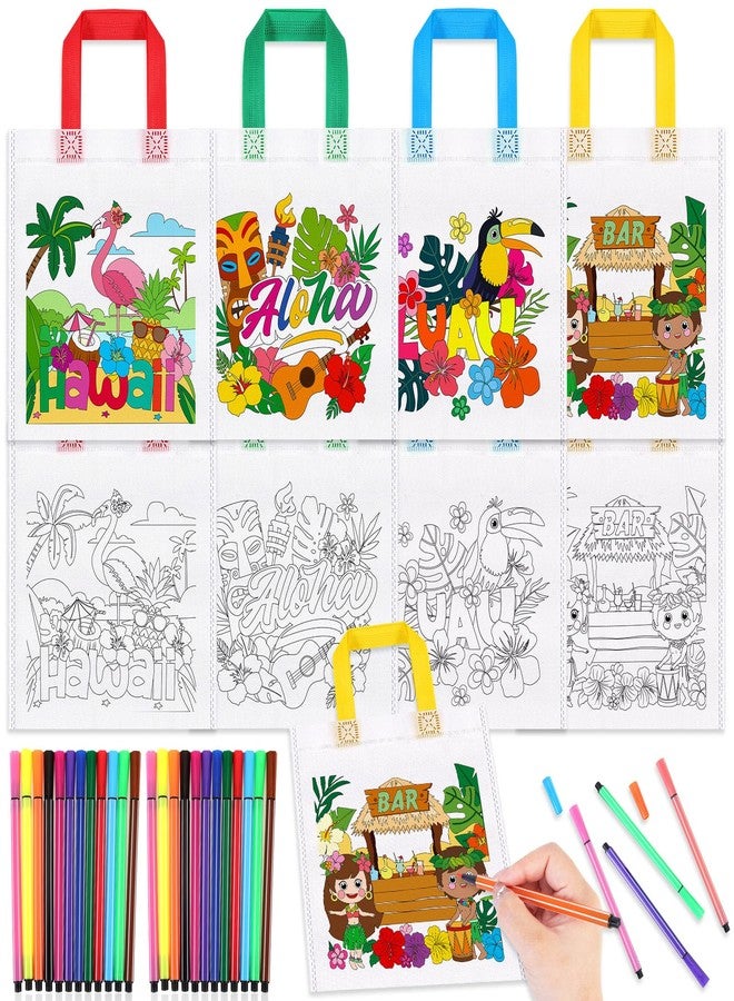 هواف مجموعة هدايا تلوين حفلات تيكي من هاوف، 12 قطعة، حقيبة هدايا تلوين حفلات هاواي مع أقلام تلوين للأطفال، حقائب حلوى حفلات استوائية، حقيبة قماشية قابلة لإعادة الاستخدام بتصميم فلامنجو لواو - Image 1