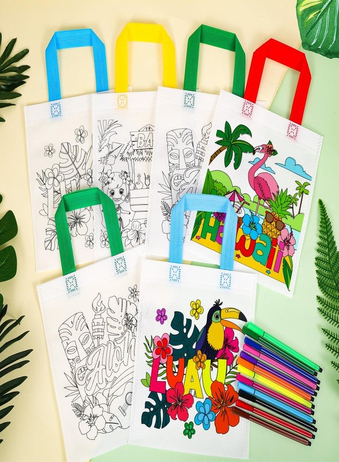 هواف مجموعة هدايا تلوين حفلات تيكي من هاوف، 12 قطعة، حقيبة هدايا تلوين حفلات هاواي مع أقلام تلوين للأطفال، حقائب حلوى حفلات استوائية، حقيبة قماشية قابلة لإعادة الاستخدام بتصميم فلامنجو لواو - Image 4