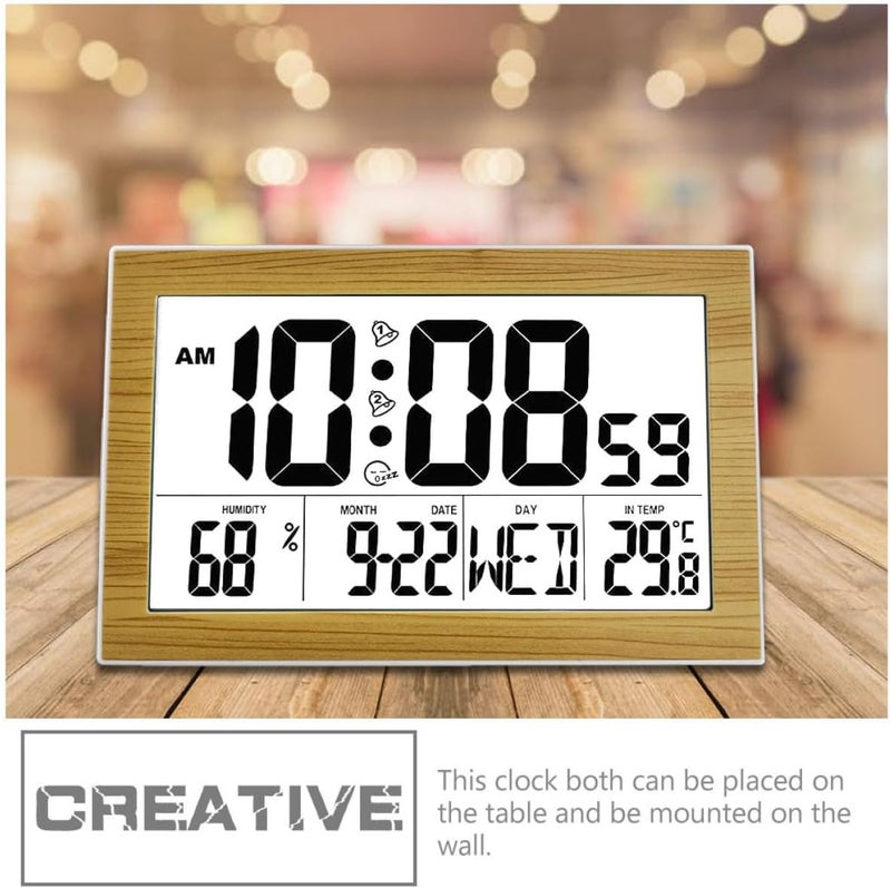 ABOOFAN Large Screen Digital Wall Clock Multi-Function Alarm Clock with Calendar for Office Bedroom Desktop Use Wood Grain Backlight Model Without Battery - Image 4