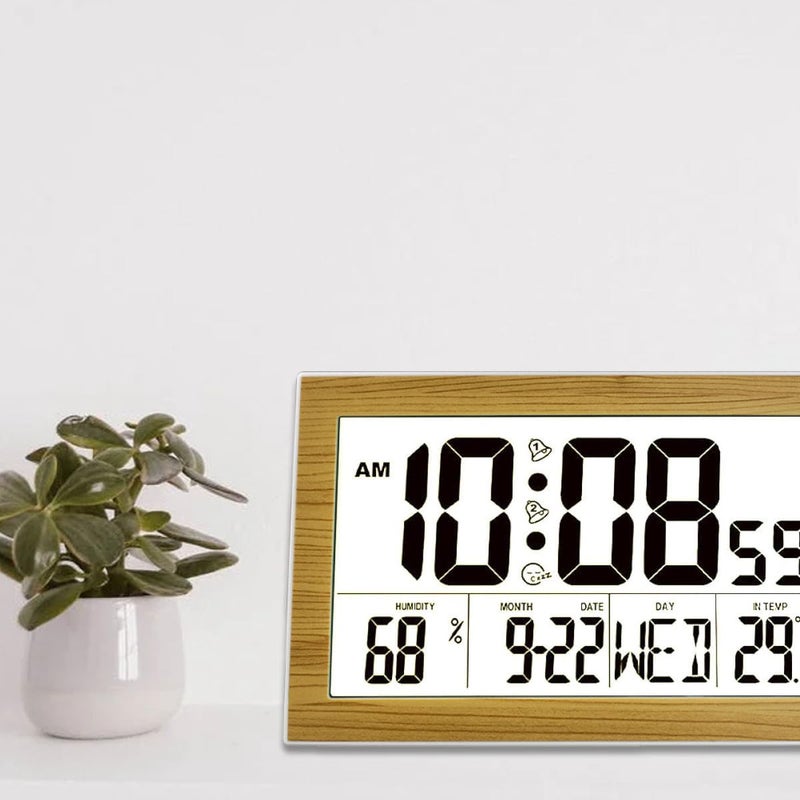 ABOOFAN Large Screen Digital Wall Clock Multi-Function Alarm Clock with Calendar for Office Bedroom Desktop Use Wood Grain Backlight Model Without Battery - Image 5