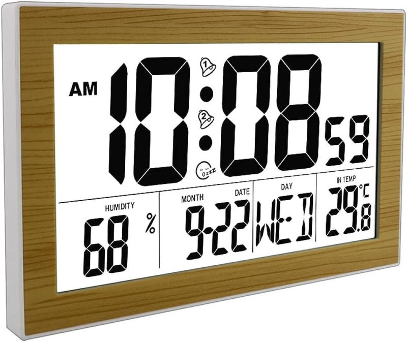 ABOOFAN Large Screen Digital Wall Clock Multi-Function Alarm Clock with Calendar for Office Bedroom Desktop Use Wood Grain Backlight Model Without Battery - Image 1