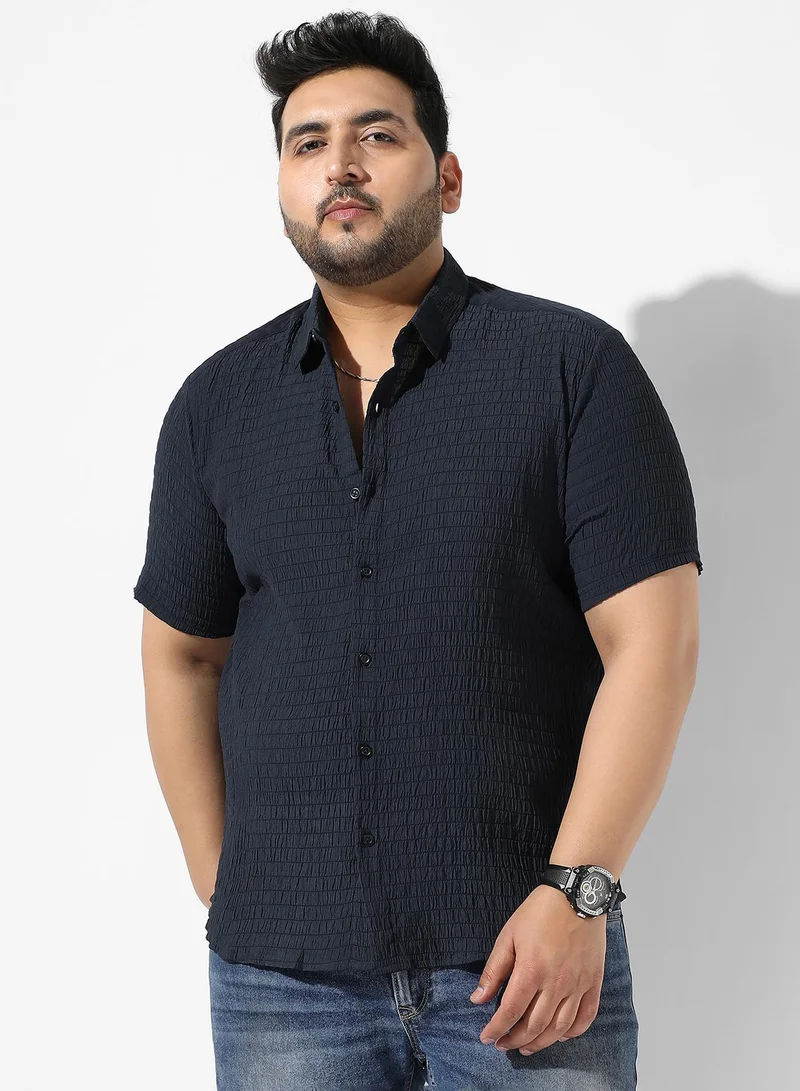 Instafab Plus Men's Navy Blue Textured Button Up Spread Collar Regular Fit Shirt For Casual Wear | Cotton Shirt Crafted With Short Sleeve, Comfort Fit & High-Performance For Everyday Wear