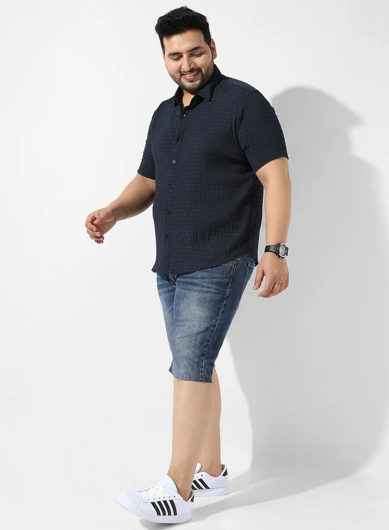 Instafab Plus  Men's Navy Blue Textured Button Up Spread Collar Regular Fit Shirt For Casual Wear | Cotton Shirt Crafted With Short Sleeve, Comfort Fit & High-Performance For Everyday Wear for Men | Best Price UAE