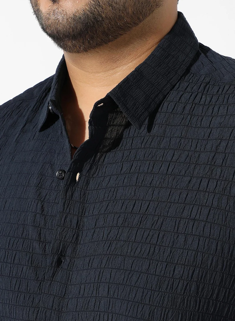 Instafab Plus  Men's Navy Blue Textured Button Up Spread Collar Regular Fit Shirt For Casual Wear | Cotton Shirt Crafted With Short Sleeve, Comfort Fit & High-Performance For Everyday Wear for Men | Best Price UAE