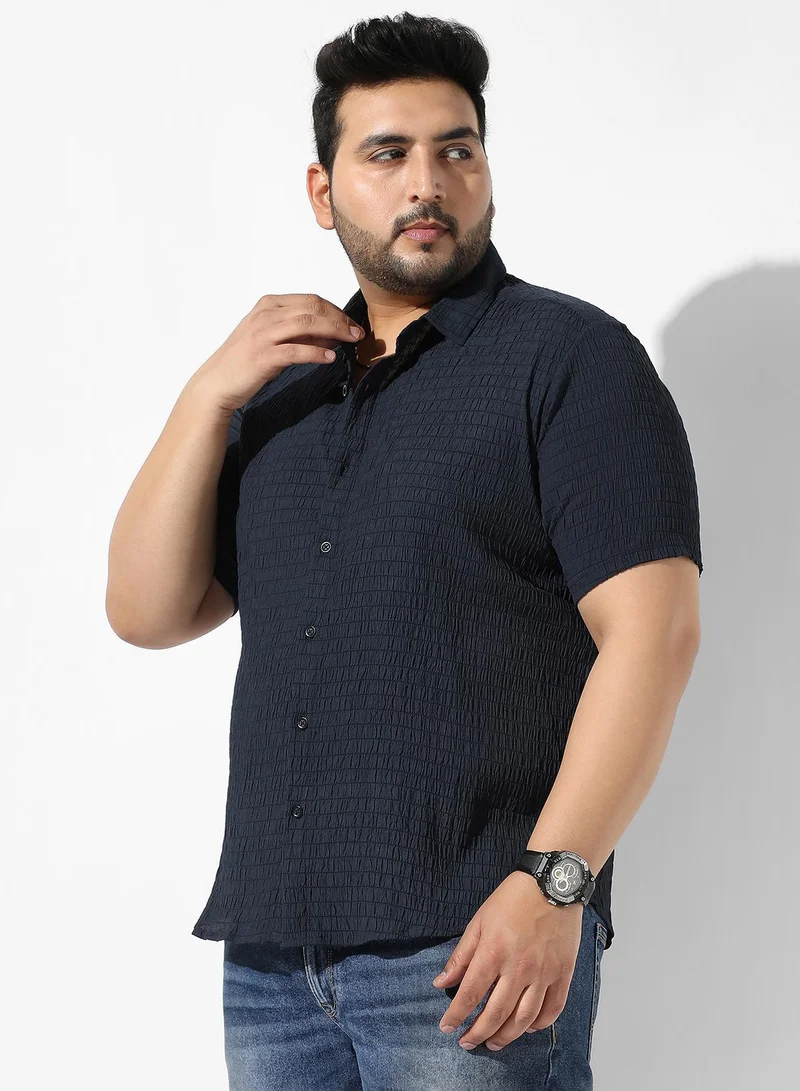 Instafab Plus  Men's Navy Blue Textured Button Up Spread Collar Regular Fit Shirt For Casual Wear | Cotton Shirt Crafted With Short Sleeve, Comfort Fit & High-Performance For Everyday Wear for Men | Best Price UAE