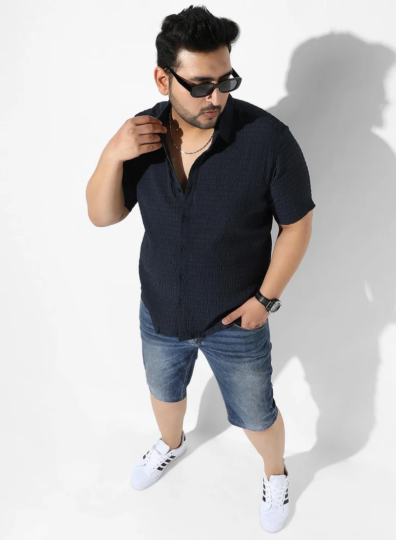 Instafab Plus  Men's Navy Blue Textured Button Up Spread Collar Regular Fit Shirt For Casual Wear | Cotton Shirt Crafted With Short Sleeve, Comfort Fit & High-Performance For Everyday Wear for Men | Best Price UAE