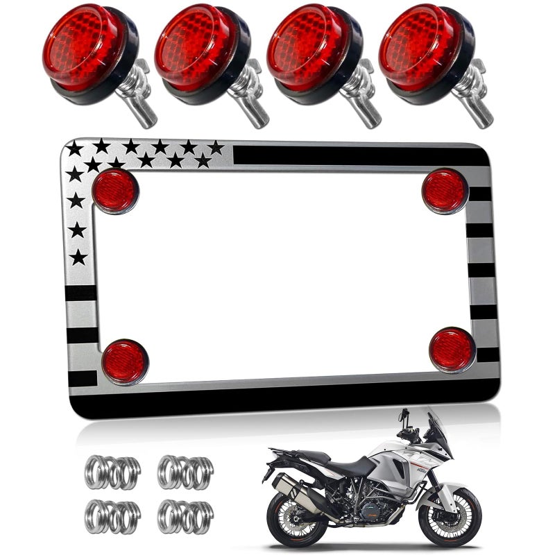 FBJTDQ Motorcycle License Plate Frame with Red Reflectors Bolts and Nuts American Flag Stainless Steel Bike Tag Plate Holder USA Patriotic Bracket for Motorcycle - Image 3