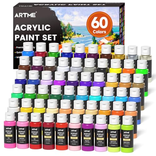 ARTME Acrylic Paint Set, 60 Colors in 2oz/60ml Bottles, Non Toxic, Waterproof, Rich Pigments Acrylic Paint for Artists, Students, Beginners Painting on Rocks Canvas Wood Clay Fabric Ceramic Crafts - Image 1