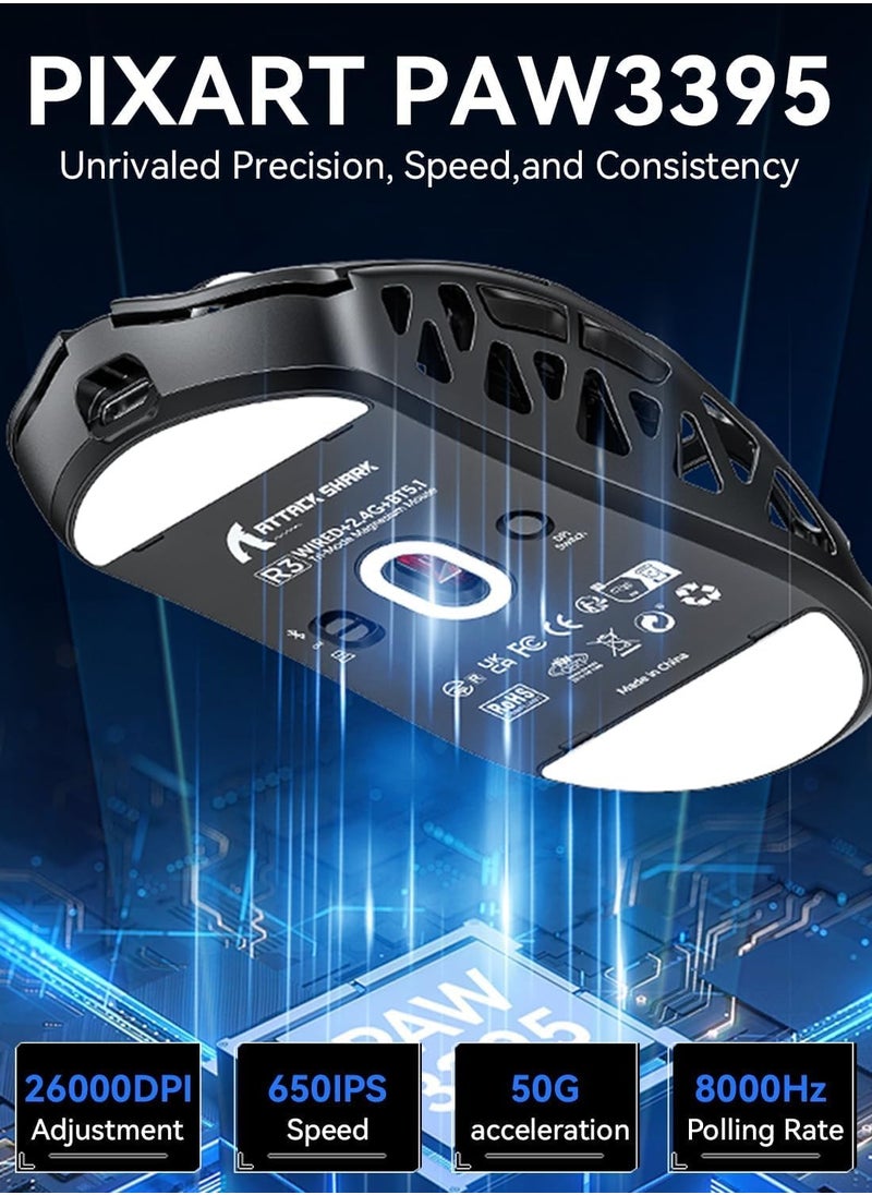 Attack Shark - R3 46g Superlight Magnesium Alloy Wireless Gaming Mouse, BT/2.4Ghz/Wired Computer Mouse, 8000Hz Wireless Polling Rate, PAW3395 26K DPI Optical Sensor Programmable Mice for Win/Mac - Image 1