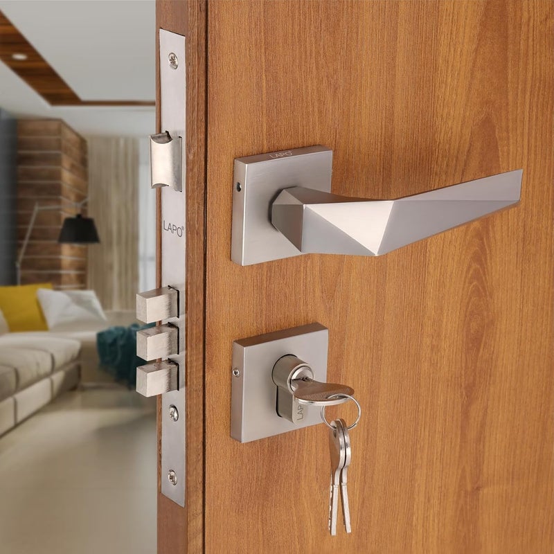 LAPO طقم قفل باب مورتيس ثقيل للباب الرئيسي وغرفة النوم - مقابض قفل زنك ثقيلة - مجموعة مقابض بتشطيب مطفي أنيق مع 3 مفاتيح نحاسية - النموذج RO-126 - ضمان 3 سنوات - Image 1