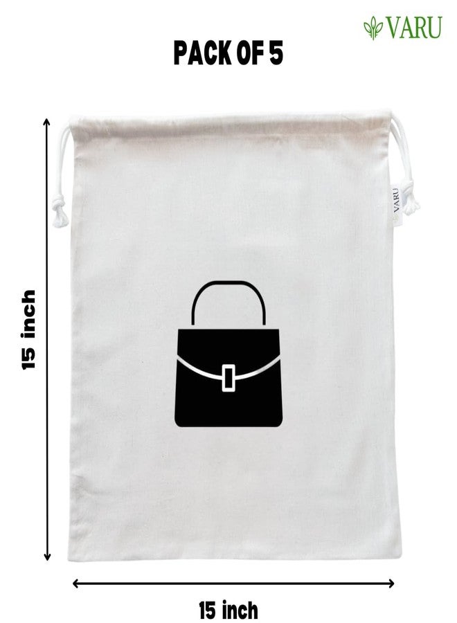 VARU 5 Pack Cotton Dust Bags for Handbags | Drawstring Travel Storage Pouch for Handbag, Purse,Shoes,Boots| Handbag Storage for Closet | Clutch, Purse,Handbag Organizer for Home (15 * 15inch, Beige) - Image 3