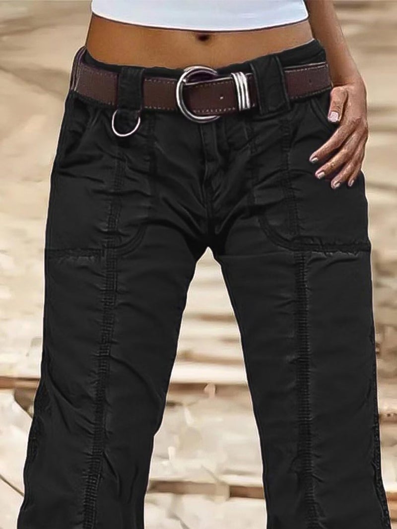 Flamingals Straight Leg Pants for Women Mid Rise Casual Cargo Solid Patch Pockets Stitch Detail Pants Black M - Image 2