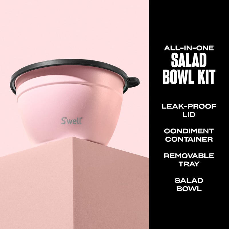 S'well S'well Stainless Steel Salad Bowl Kit 64oz  Pink Topaz  Comes with 2oz Mini Canister and Removable Tray for Organization  Leakproof  Easy to Clean  Dishwasher Safe - Image 3