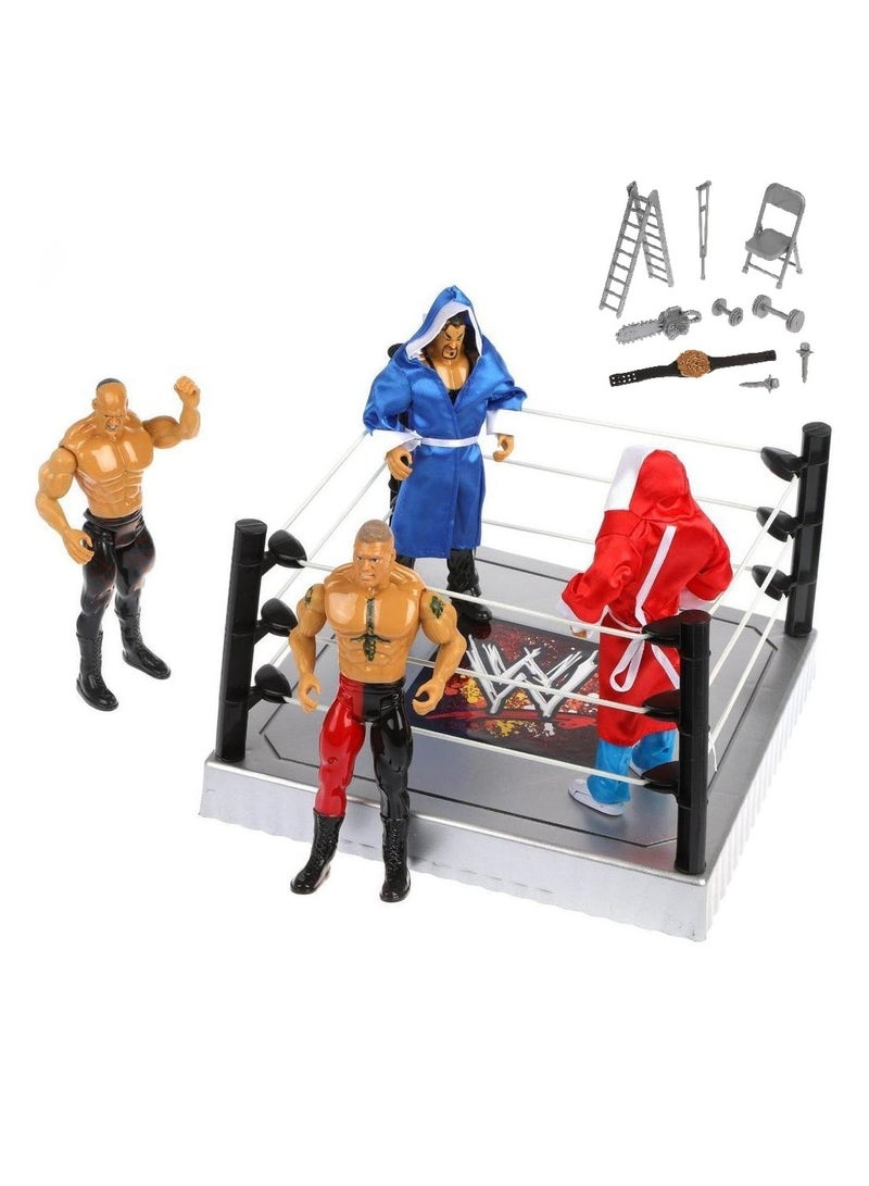 4 Random Figures Wrestlers Characters And A Ring With Equipments - Image 1