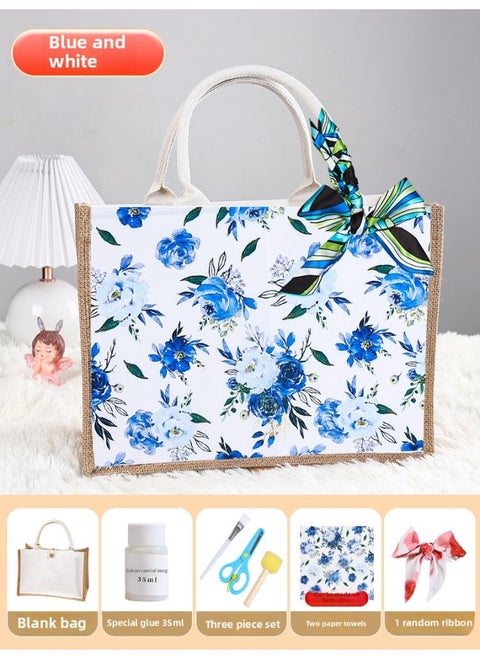 Butterfly Ancient Bart Material Bag Diy Mother's Day Canvas Bag Children's Handmade Creative Linen Bag Group Building Activity Gift-Color:Horizontal Style [blue And White] Comes With A Full Set Of Tools + Detailed Tutorials