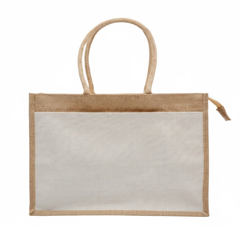 12 PIECES - Jute Shopping Tote Bag with Cotton Pocket,Two-Tone Zipper Closure (NATURAL JUTE/CREAM CANVAS WITH ZIPPER) 41 X 33 X 15 - Image 1