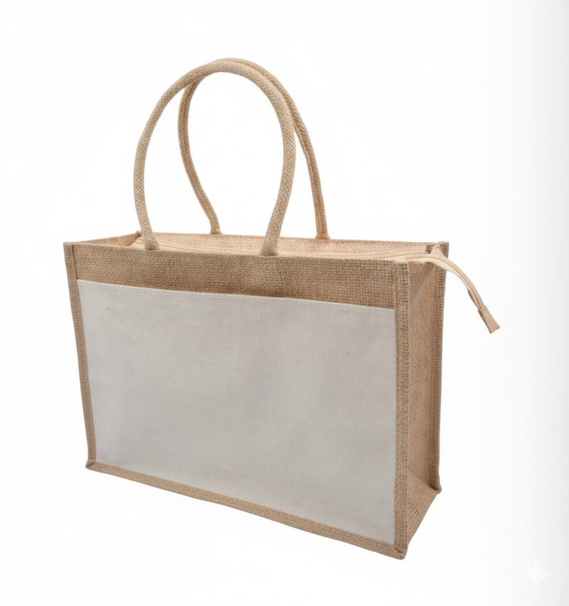 12 PIECES - Jute Shopping Tote Bag with Cotton Pocket,Two-Tone Zipper Closure (NATURAL JUTE/CREAM CANVAS WITH ZIPPER) 41 X 33 X 15 - Image 2