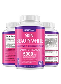 60 Pcs Glutathione Whitening Pills，5000mg Glutathione，Effective Skin Lightening Supplement，Dark Spots, Melasma & Acne Scar Remover，Hyperpigmentation Treatment，Anti-Aging Antioxidant