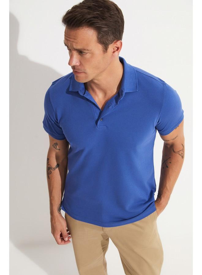 جون تيشيرت بولو رجالي بأكمام قصيرة بقصة ضيقة باللون الأزرق الداكن حصري لشهر يونيو - Image 1