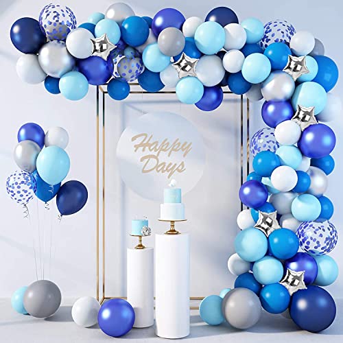 LAZYBEEE Navy Blue Balloons Arch Garland Kit, 109 Pcs Royal Light Blue Confetti Silver Star Foil Balloons for Blue Boys Birthday Wedding Party Decorations Supplies & 4Pcs Tools - Image 1