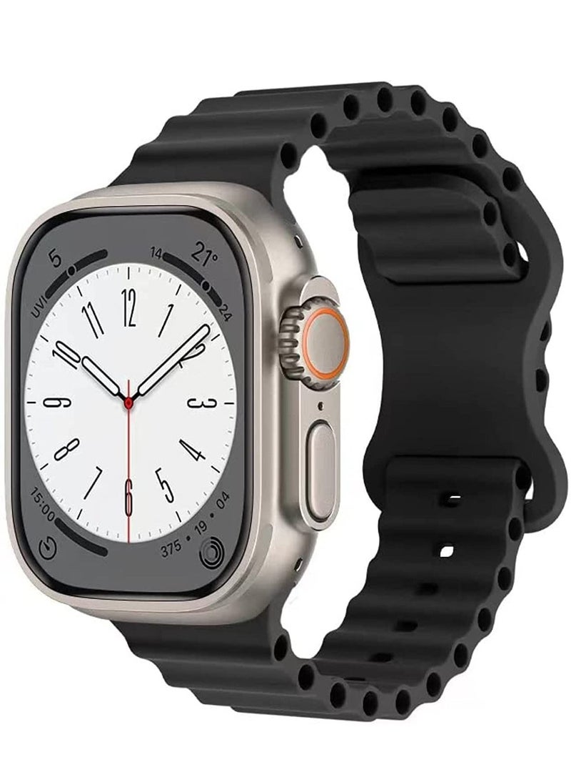 Compatible for Apple Watch Band 49mm 45mm 44mm 42mm for Men Women, Wave Shaped Silicone Sport Wristband Strap Compatible with iWatch Ultra Series 8/7/6/5/4/3/2/1 SE Black - Image 1