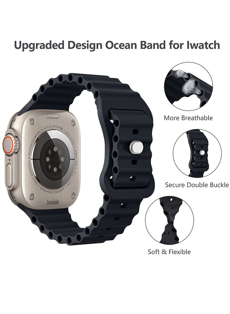 Compatible for Apple Watch Band 49mm 45mm 44mm 42mm for Men Women, Wave Shaped Silicone Sport Wristband Strap Compatible with iWatch Ultra Series 8/7/6/5/4/3/2/1 SE Black - Image 3