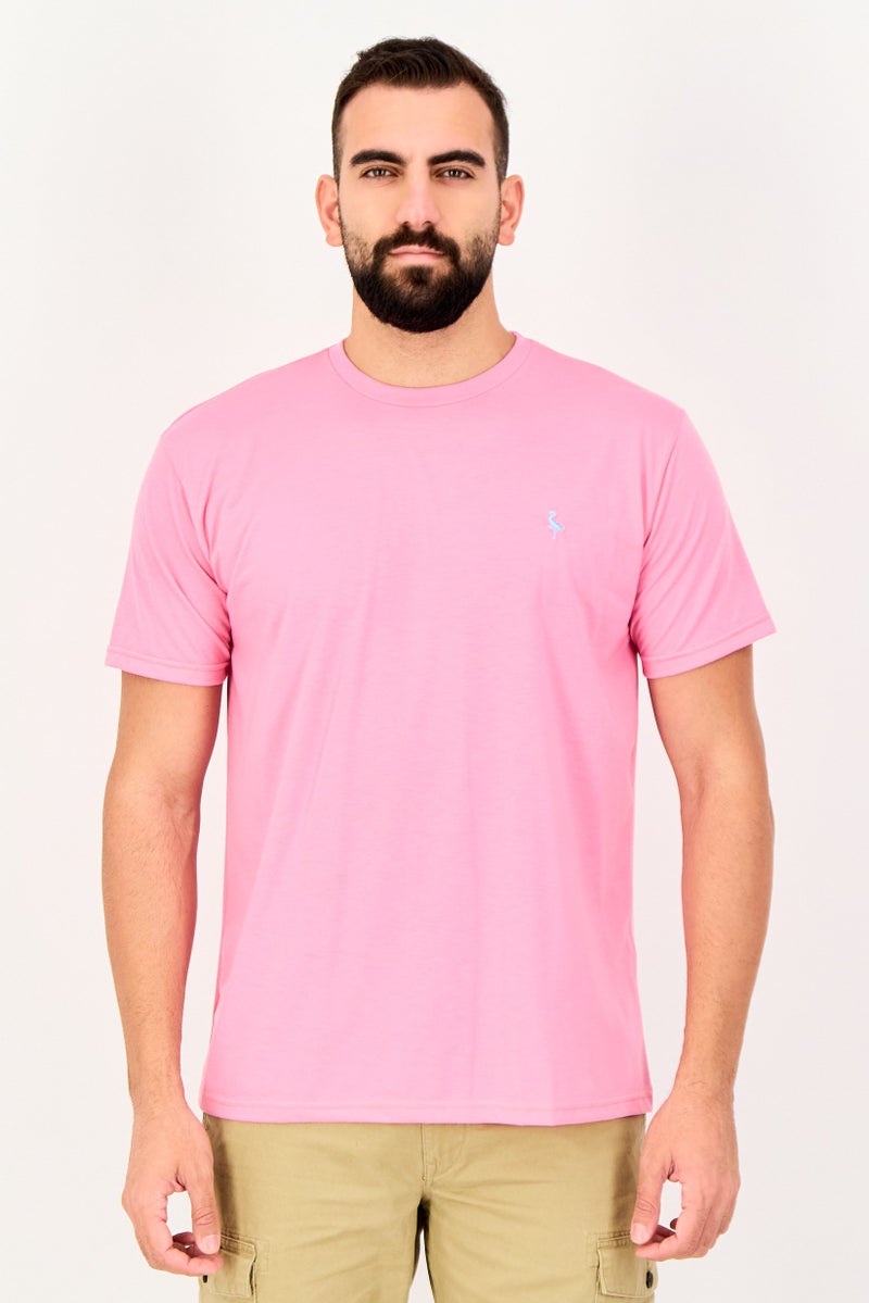 Tailorbyrd Men Crew Neck Short Sleeve Embroidered Logo T-Shirt, Flamingo Pink - Image 1