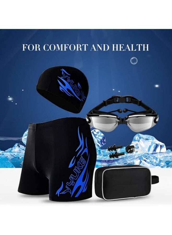 Generic Swimming Suit Set,Men's Swimming Trunks Swimming Cap Set,Sport Boxer Swimwear,Beach Elastic Shorts,Includes Swimming Trunks+Swimming Goggles+Swimming Cap+Handbag+Earplugs+Nose clip, Blue - Image 4