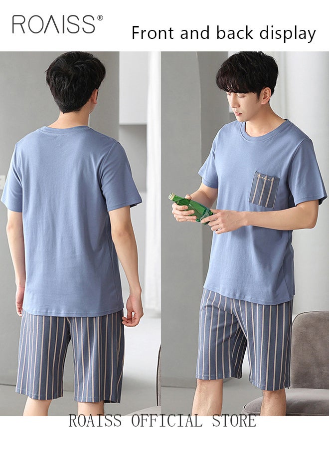 roaiss 2-Piece Pajama Set Men's Modal Short-Sleeved T-Shirt Short Pants Sets Stripe Pattern Sleepwear Nightgown Male Loose Spring Summer Thin Loungewear Home Clothes Green  - Image 3