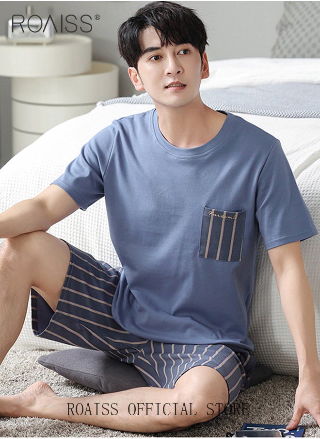 roaiss 2-Piece Pajama Set Men's Modal Short-Sleeved T-Shirt Short Pants Sets Stripe Pattern Sleepwear Nightgown Male Loose Spring Summer Thin Loungewear Home Clothes Green  - Image 1