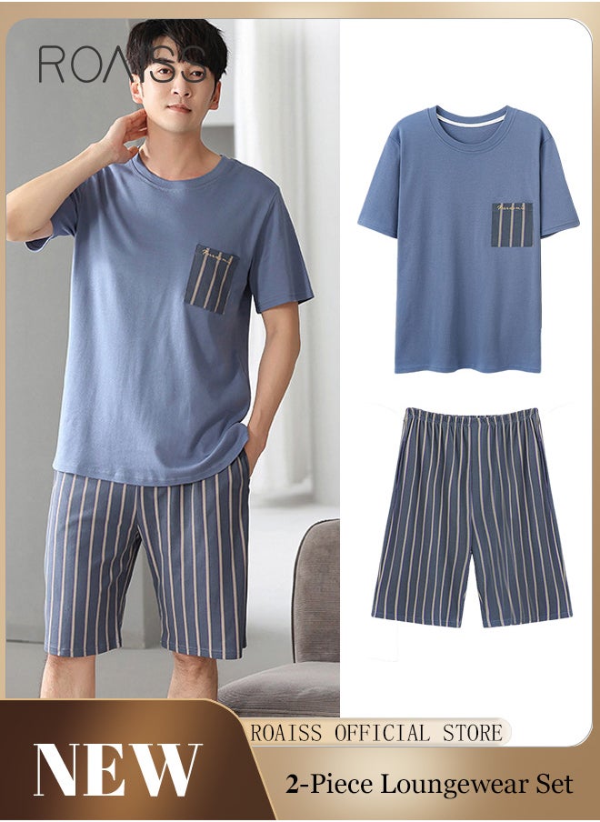 roaiss 2-Piece Pajama Set Men's Modal Short-Sleeved T-Shirt Short Pants Sets Stripe Pattern Sleepwear Nightgown Male Loose Spring Summer Thin Loungewear Home Clothes Green  - Image 2