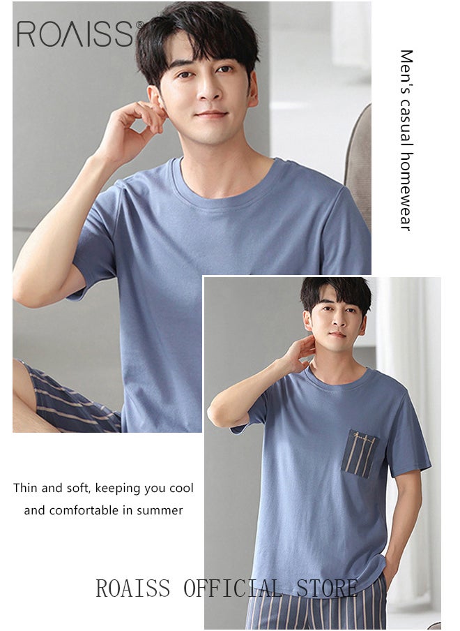 roaiss 2-Piece Pajama Set Men's Modal Short-Sleeved T-Shirt Short Pants Sets Stripe Pattern Sleepwear Nightgown Male Loose Spring Summer Thin Loungewear Home Clothes Green  - Image 5