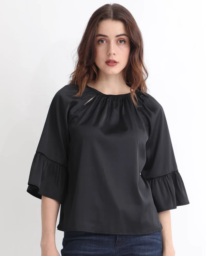 Rareism Women's Relaxed Fit Raglan Sleeve Tie-Up Top