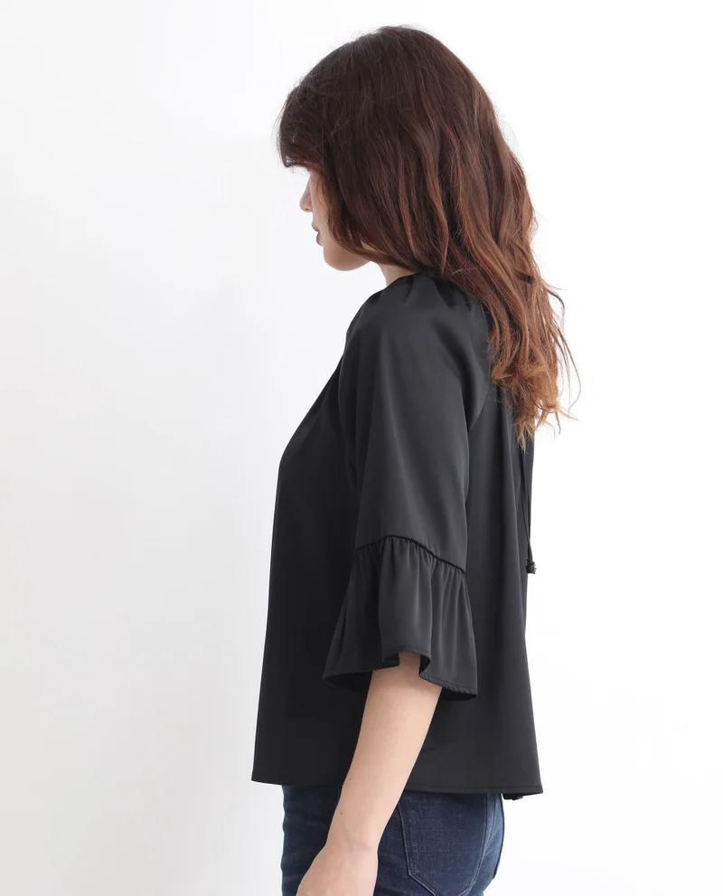 Rareism Women's Relaxed Fit Raglan Sleeve Tie-Up Top