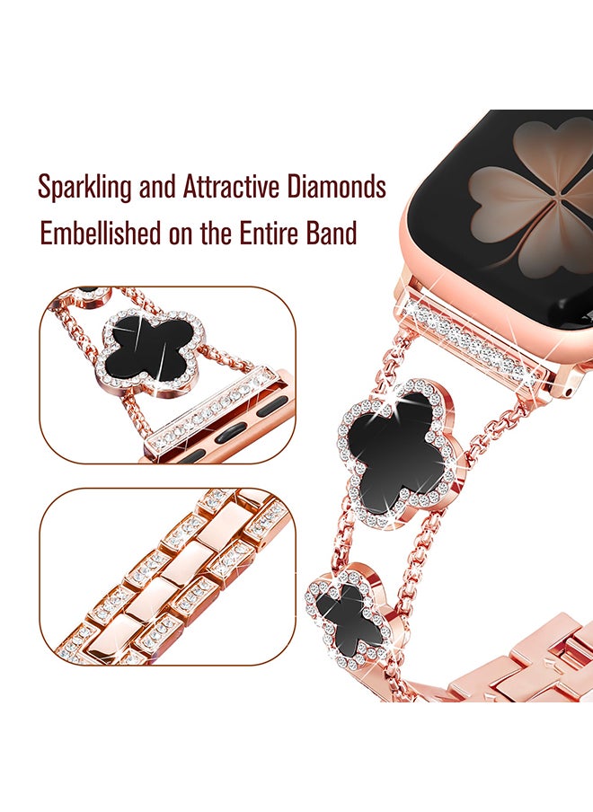 O Ozone Metal Watch Band For Apple Watch Series 10 9 8 7 6 5 4 SE, 38/40/41/42mm Sparkle Diamond Cute 4 Leaf Clover Dressy Band Women -RoseGold/Black  - Image 2