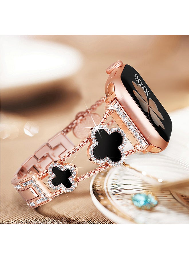 O Ozone Metal Watch Band For Apple Watch Series 10 9 8 7 6 5 4 SE, 38/40/41/42mm Sparkle Diamond Cute 4 Leaf Clover Dressy Band Women -RoseGold/Black  - Image 4