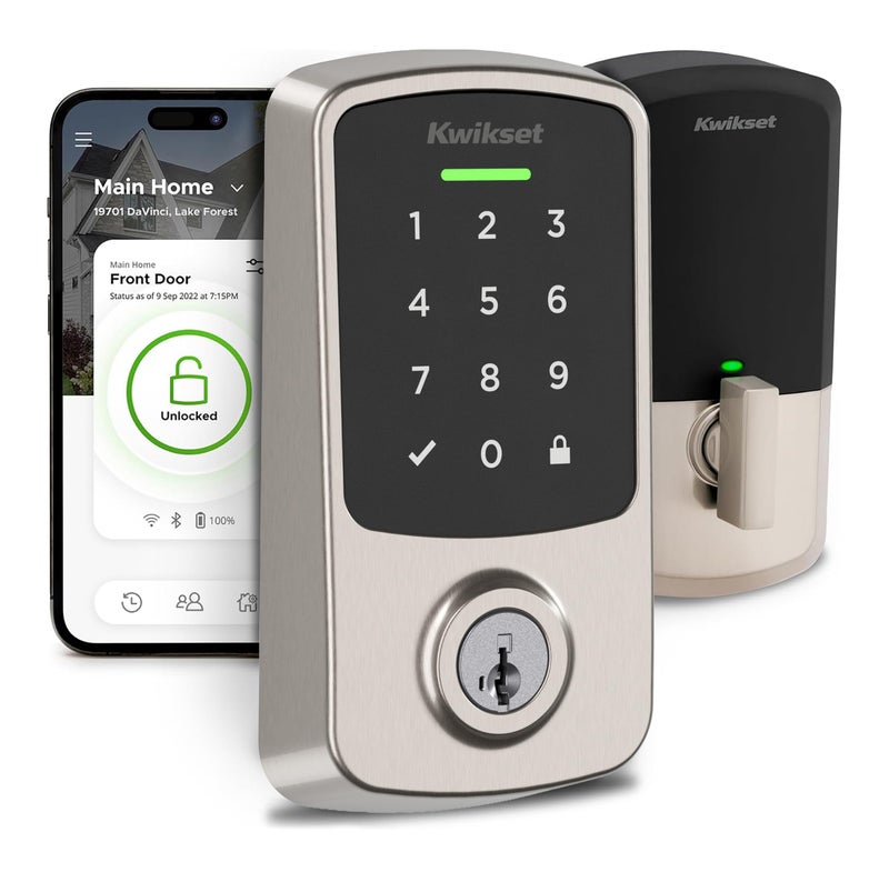 Kwikset Aura Reach Smart Lock Matter and Bluetooth Enabled Keyless Entry Door Lock Deadbolt, Proximity Wakeup, Geofence Auto-Unlock Satin Nickel - Image 1