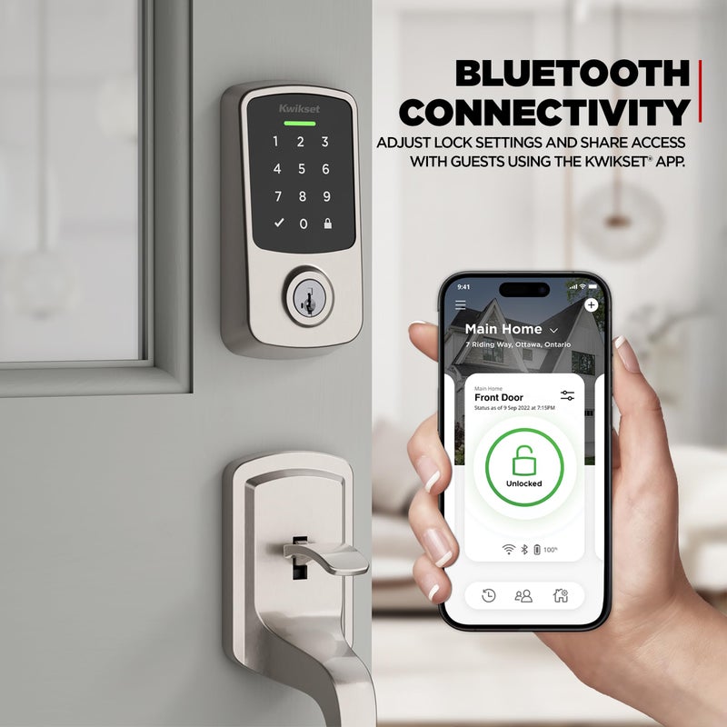 Kwikset Aura Reach Smart Lock Matter and Bluetooth Enabled Keyless Entry Door Lock Deadbolt, Proximity Wakeup, Geofence Auto-Unlock Satin Nickel - Image 2