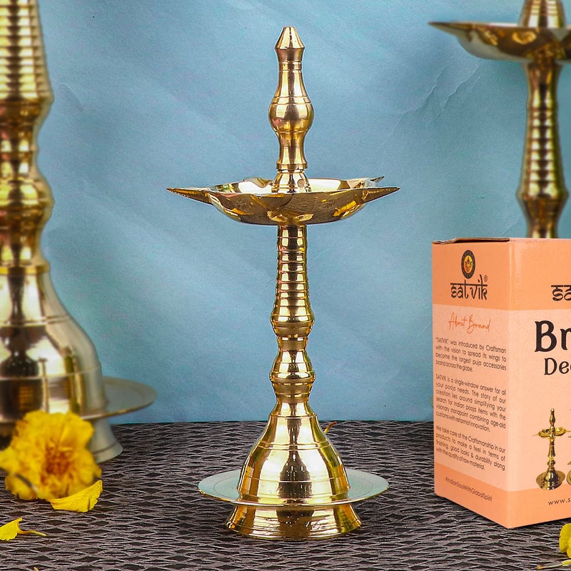 SATVIK 7 Inch Standing Brass Kerala Samai Diwali Deepak for Puja Traditional Panchmahal Pooja Deepam Diya Oil Lamp Kutthu Vilakku Dia Deepawali Return Gift Item - Image 2