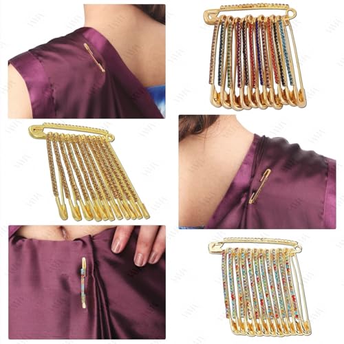 VAMA Multicolor Rhinestone Safety Pins Brooches Sweater Shawl Clips Faux Crystal Brooches Shiny Brooch Pins for Clothing Dress Pants Skirt Dressing Accessories (Multicolor Saree Pin Bulk) - Image 4