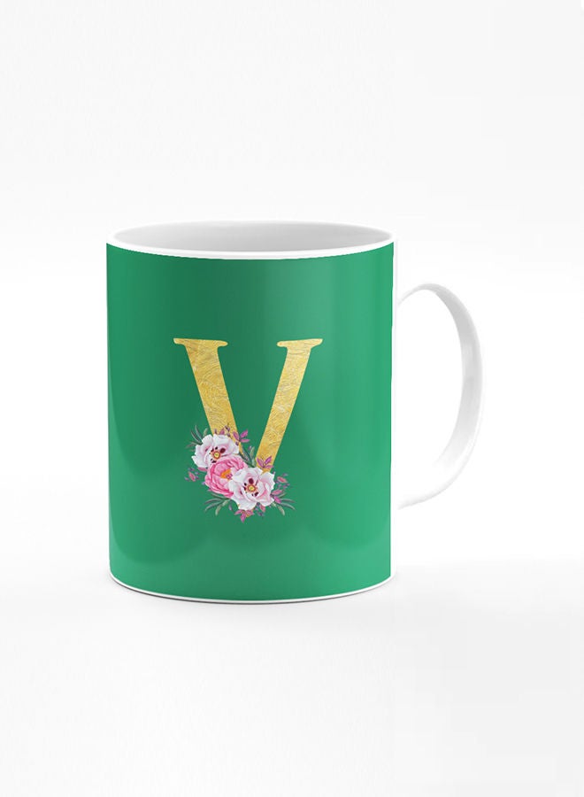 Stylizedd Designer Printed Coffee Mug 11oz Ceramic Personalised Gift Mugs Cup -Custom Monogram Initial Letter Floral Pattern Alphabet - V (Dark Spring Green)  - Image 1