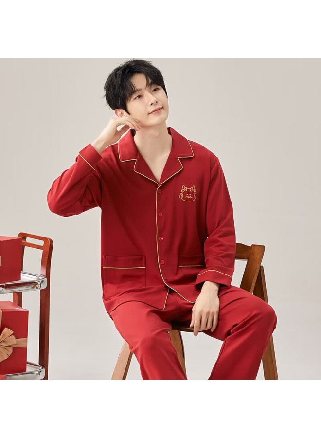 Kj New Men's Pajamas Long Sleeve Long Pants Casual Cardigan High-end Homewear Men's Red Gift Box For Birth Year Gift To Boyfriend - Image 3
